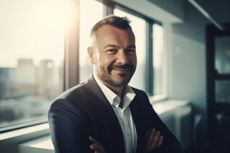 Portrait of confident mature businessman standing with arms crossed and looking at camera in officeの素材