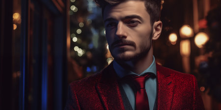 Portrait of a handsome young man in a red suit. Men's beauty, fashion.の素材