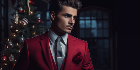Portrait of a handsome young man in a red suit. Men's beauty, fashion.の素材