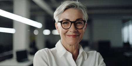 Portrait of smiling mature businesswoman in eyeglasses looking at camera in officeの素材
