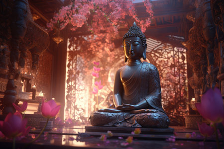 Buddha statue in the temple with pink flower background, Thailand.の素材