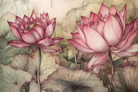 Lotus flower on watercolor background. Hand-drawn illustration.の素材