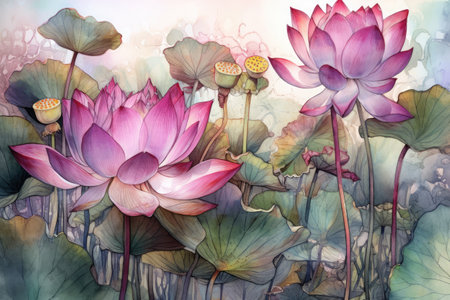 Lotus flower on the pond. Digital watercolor painting illustration.の素材