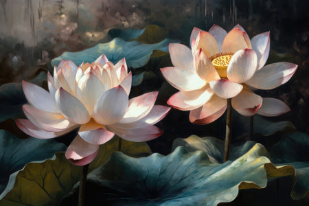 Water lily in the pond. Digital painting. Oil painting.の素材