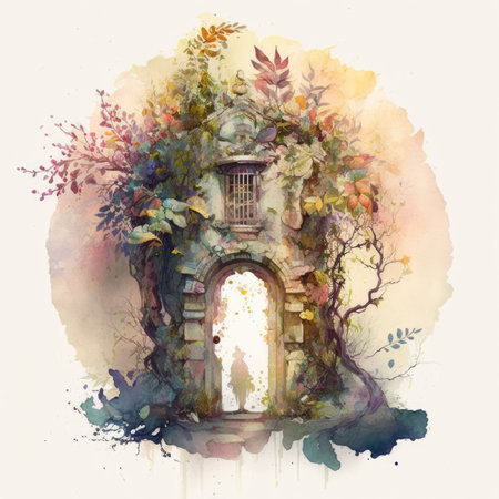 Watercolor illustration of an old building with a gate in autumn.の素材