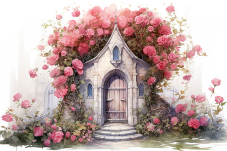 Watercolor illustration of a small church with pink roses in the foregroundの素材