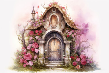 Watercolor illustration of an old wooden door in a garden with flowersの素材