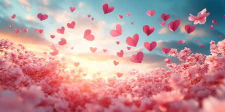 Valentine's Day Background with falling Pink Paper Hearts in blue sky. Love concept. Abstract Background for Valentines day, Wedding, Birthday, Romantic Greeting Card, invitationの素材