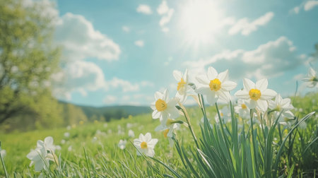 Beautiful white daffodils in spring field. Nature backgroundの素材