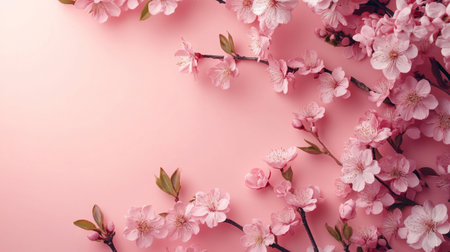 Pink cherry blossom on pink background, copy space. Blooming Sakura. Spring flowers. Beautiful Floral background for spring holiday, women's day, 8 march, mother's day, birthdayの素材