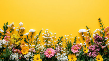 Flowers composition. Colorful flowers on yellow background. Flat lay, top view, copy spaceの素材