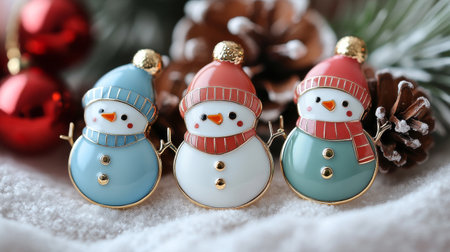Snowman figurines with Christmas decoration on white background, closeupの素材