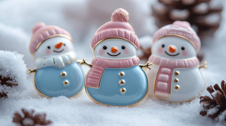 Snowman and pine cones in snow, closeup. Christmas decorationの素材