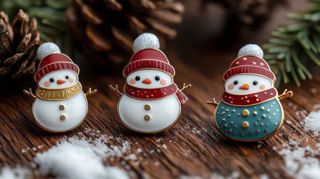 Christmas decoration on wooden background with snowman and pine cones, selective focusの素材