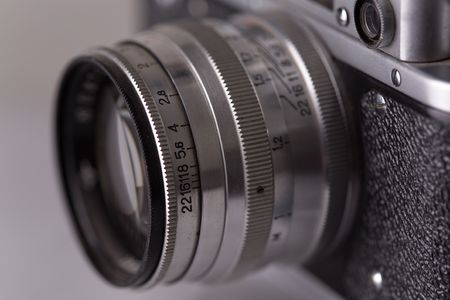 Close-up of retro camera, focus on lenses