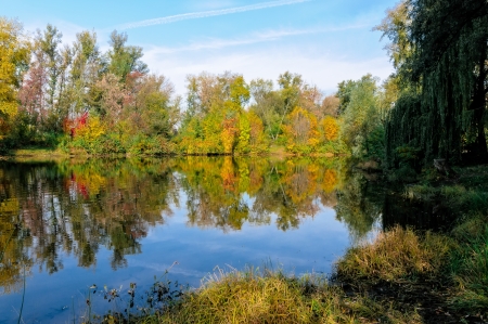 Reflection of trees in the water in Autumnの写真素材