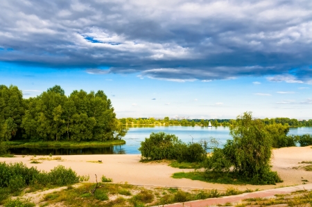 Late afternoon on the Dnieper River in Kiev. Heavy cloudsの写真素材
