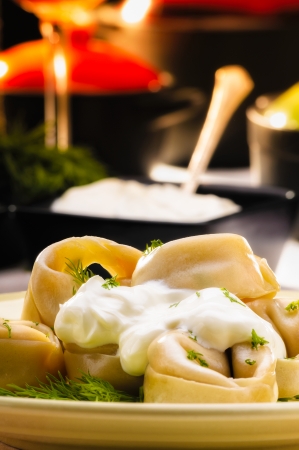 Russian dumplings  pelmeni  with  sour cream  smetana  and fennel, on a rich tableの写真素材