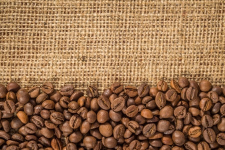 coffee beans and burlap textureの写真素材