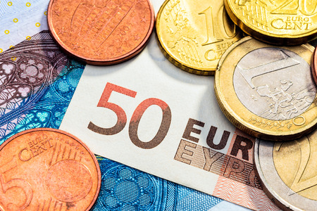 Macro of Euro coins and banknotesの写真素材
