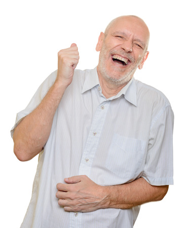 Man with light cotton shirt laughing out loud, isolated on white backgroundの写真素材