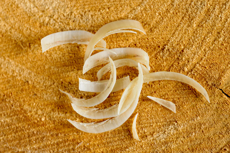 Macro of cut nails on a wooden tableの写真素材