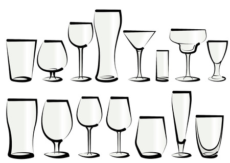 Vector illustration set of glasses, as you can find in a bar or a restaurant. Any kind, for any use, for water, soft drinks, alcohol and liquorのイラスト素材
