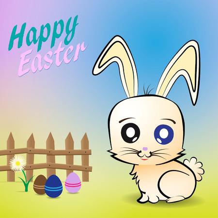 A funny white rabbit is catching easter eggsのイラスト素材