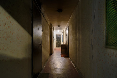 KIEVUKRAINE  April 09 2015  Old glaucous corridor with murky light  in an old soviet buildingのeditorial素材