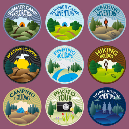 Round labels for camping, fishing, trekking, riding, climbing and other outdoor activities to practice in the wild natureのイラスト素材