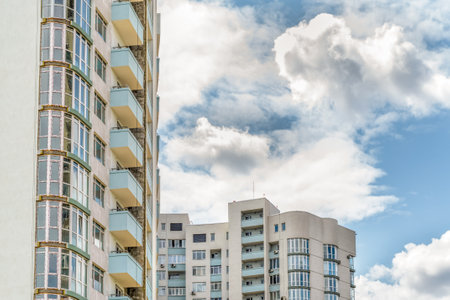Kiev/Ukraine - May 26, 2015 - Dark clouds in the sky over modern residential building in the Obolon district of Kiev the capital of Ukraineのeditorial素材