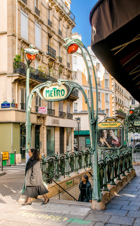 Paris/France - October 5, 2009: Antique Reaumur Sebastopol metro entrance in Liberty style (Art Nouveau)  in rue de Palestroのeditorial素材