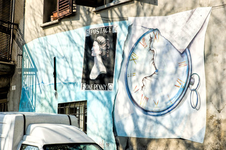 Saludecio/Italy - March 15, 2005: A mural painting in Saludecio illustrating the One Penny stamp called "Penny Black". It was the first adhesive postage stamp and was issued in Britain on 1 May 1840のeditorial素材