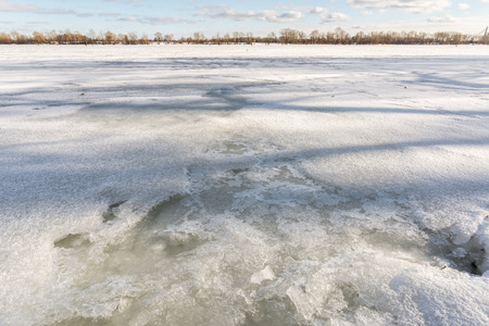 Detail of ice on the frozen Dnieper river in Kiev, Ukraineの写真素材