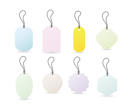 Set of various paper or cardboard colored tags, hung by a metallic chainのイラスト素材