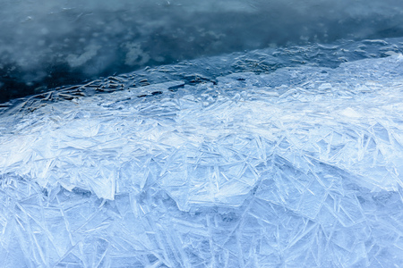 Frozen ice texture on the Dnieper river in Kiev, Ukraine, during winter