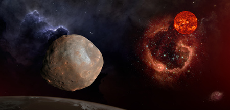 Fantasy composition of Phobos, the satellite of Mars. The old Sun shines over the RCW 79 nebula in...