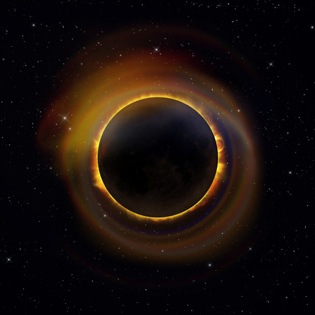 Solar eclipse with colorful halo on a starry sky background. Elements of this image furnished by...