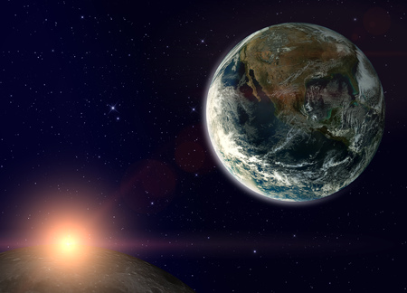 Fantasy composition with the Earth in a starry sky. The sun rises behind the Moon. Elements of this...