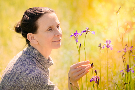 Caucasian adult woman looking a wild iris sibirica flower in the meadow at sunsetの写真素材