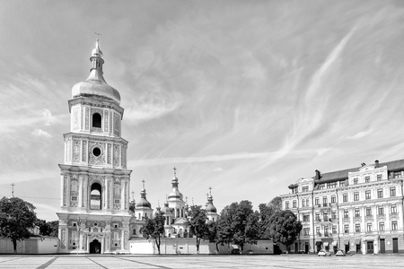 Black and white  photo of Saint Sophia Church in Kiev with a high tower bell, Ukraineの写真素材