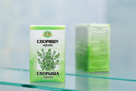 Kiev/Ukraine - August 27, 2017 - Spore grass (Sporysha trava), Polygonum aviculare  infusion, from the brand "elbows of ukraine experience of generations" (Liktravi ukrain dosvid pokolin), for the ukrainian marketのeditorial素材