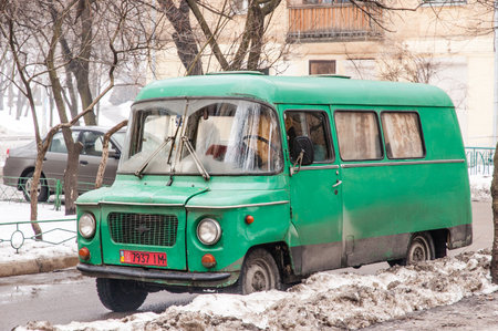 Kiev, Ukraine - May 22, 2010: Old green mini van ZSD Nysa 522 in the street of Kiev, Ukraineのeditorial素材