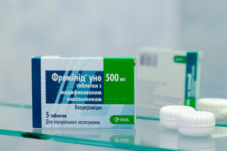 Kiev/Ukraine - August 27, 2017 - Box of Fromilid Uno, tablets of 500 mg. Semi-synthetic macrolide antibiotic explaining the human body by inhibiting the growth of infectious bacteriaのeditorial素材