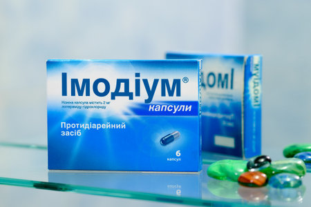 Kiev/Ukraine - August 27, 2017 -Imodium (loperamide) to treat diarrhea. It slows the digestion rhythm so that the small intestines have more time to absorb fluid and nutrients from the foods you eatのeditorial素材