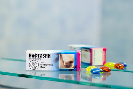 Kiev/Ukraine - August 27, 2017 - Naftizin is an eye decongestant and lubricant. It works by constricting the blood vessels in the eye and coating the eye, which relieves dryness, and irritation.のeditorial素材