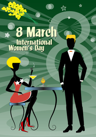 A man presents yellow mimosa flowers to the women for the 8th of March, the women's day.のイラスト素材