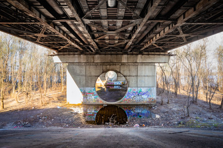 Kiev, Ukraine - March 30, 2014 - Under the Moscovsky bridge in Kiev, Ukraine. The old metal structure is attacked by rust. Grafitti are painted on the cement support structure.のeditorial素材