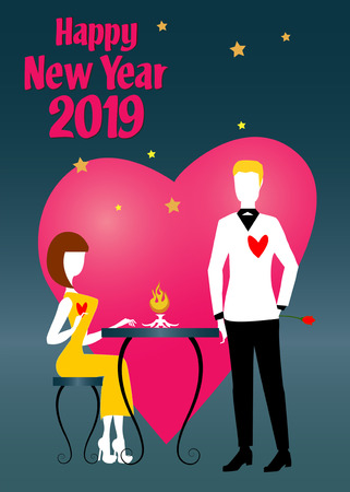 A woman in orange dress and white shoes, sitting at a table, is talking to her boyfriend in black and white suit during the 2019 New Year partyのイラスト素材