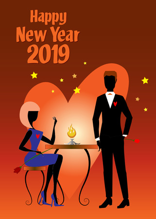 A woman in blue dress and white shoes, sitting at a table and holding a tulip, is talking to her boyfriend in black suit during the 2019 New Year partyのイラスト素材